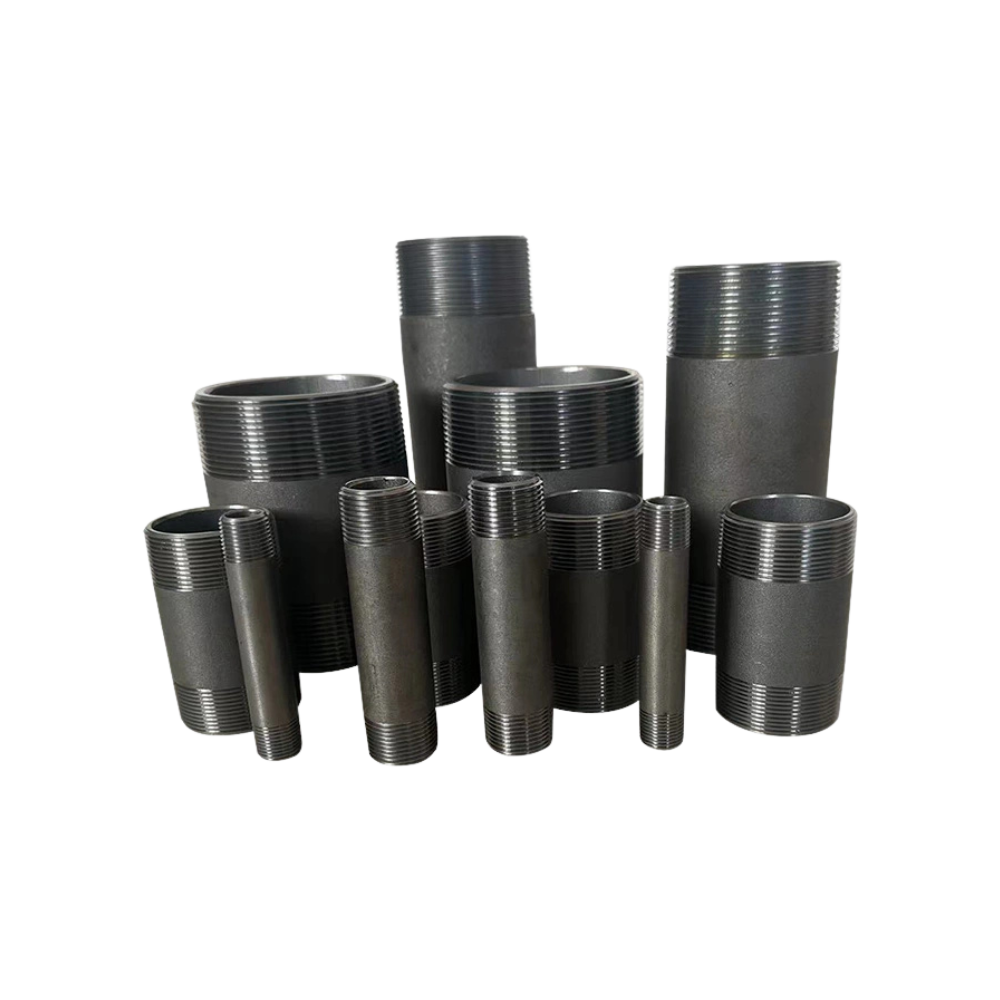 Set of black threaded metal pipes on a white background