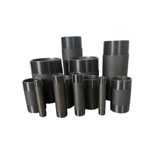 Set of black threaded metal pipes on a white background